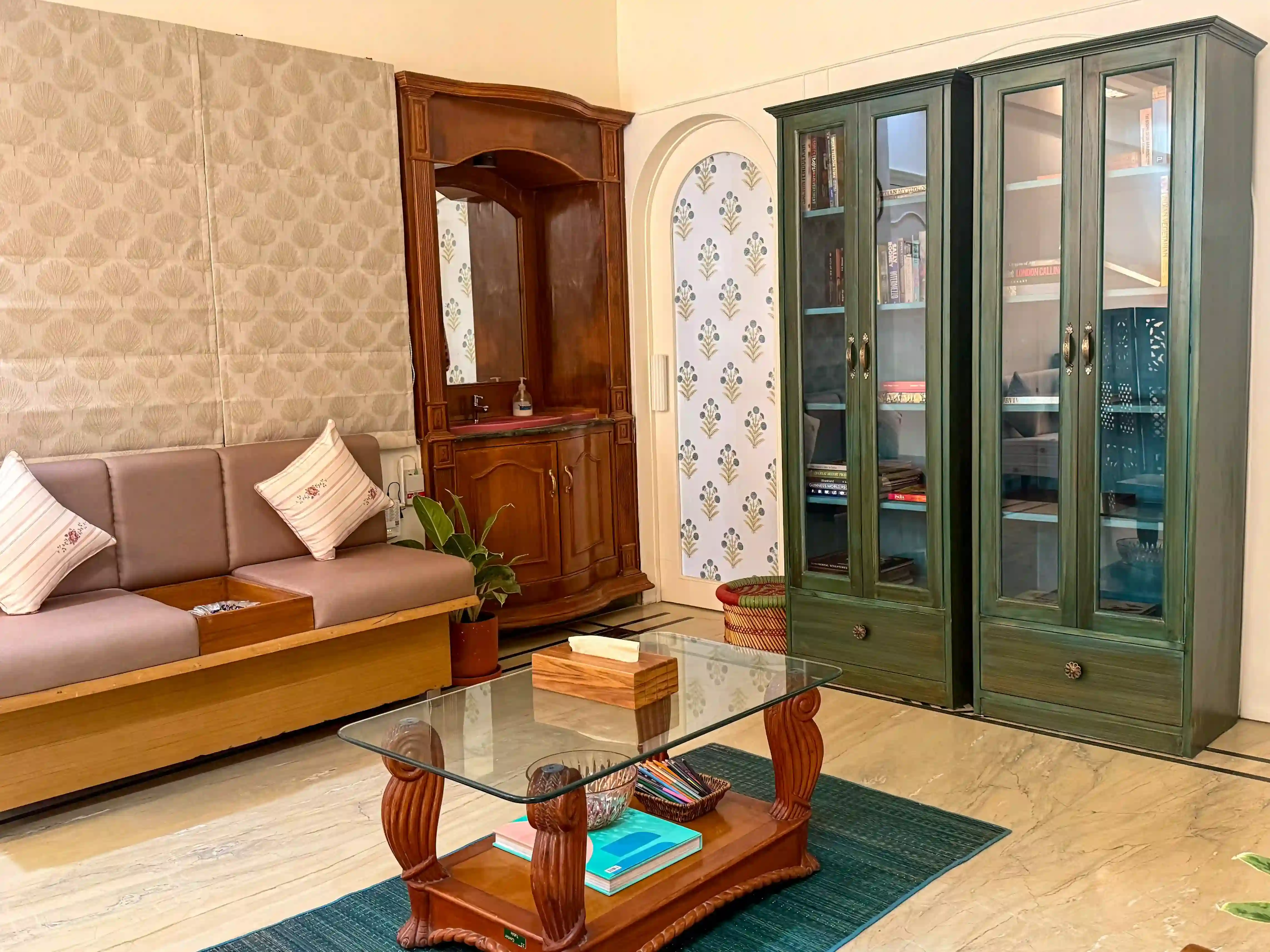 A light-filled shared living room at ArtRest Ahmedabad.
